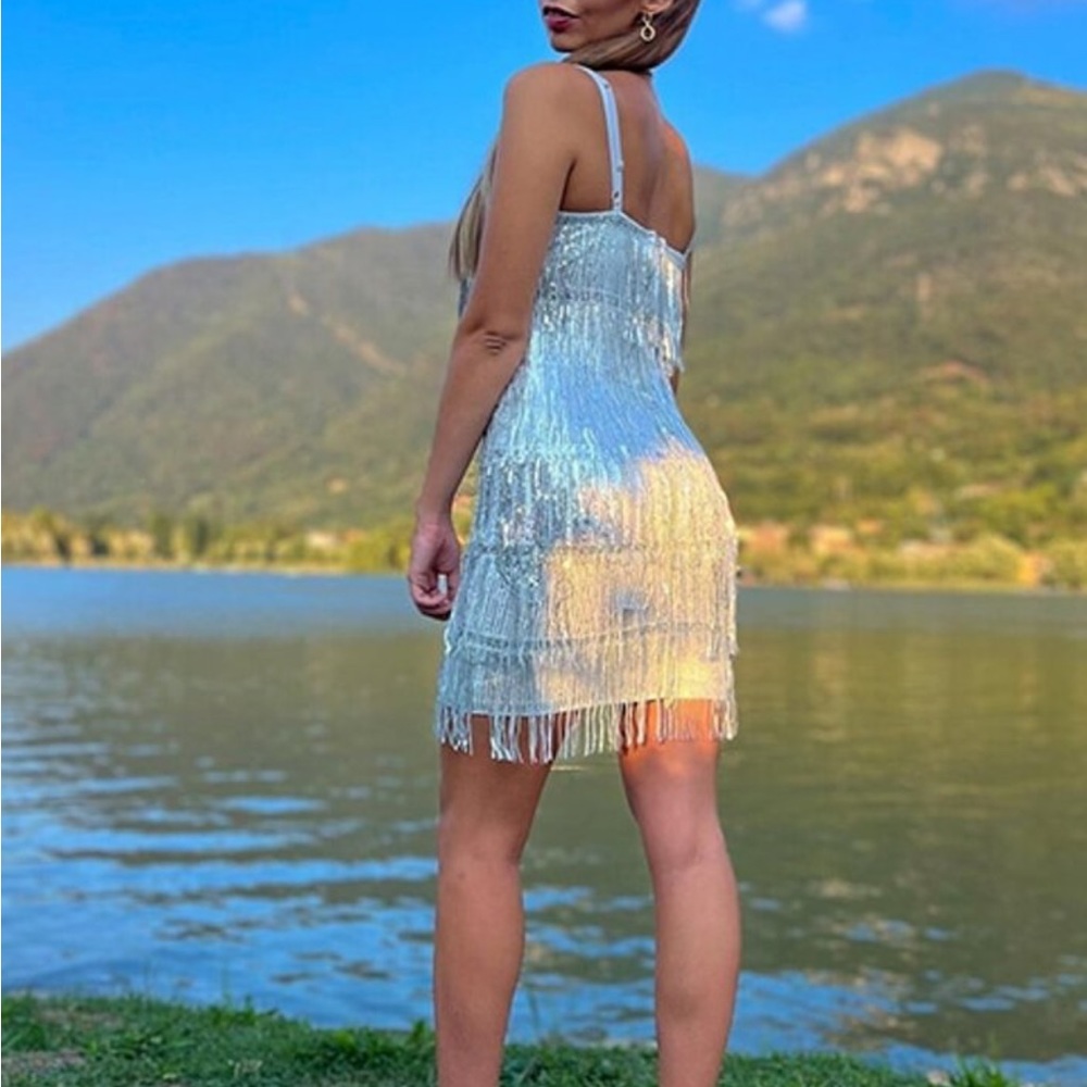 Silver Sequined Tassel Mini Short Dress Party Fringe - Picture 9 of 11